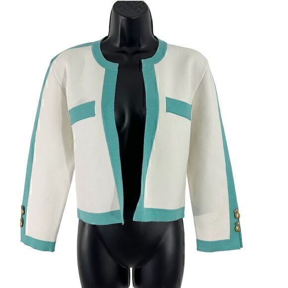 Ronny Kobo Open Front Colorblock Trim‎ Pineapple Knit Blazer Jacket White Teal - Picture 1 of 10
